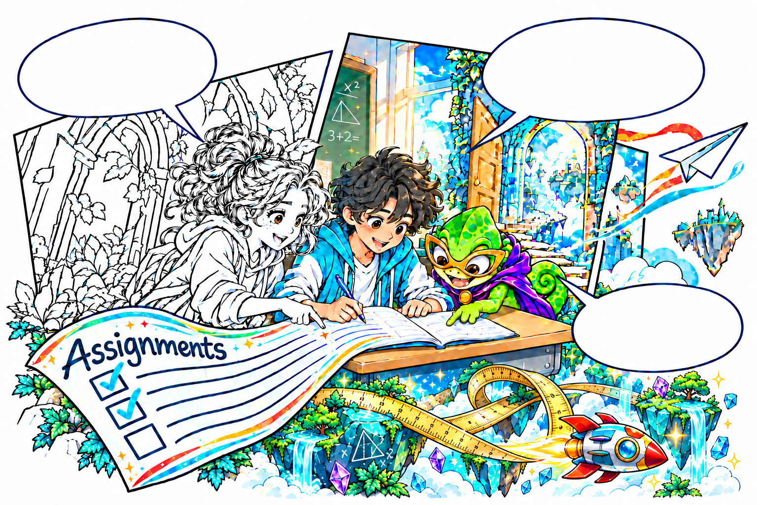 Two students and a green chameleon create a story together at a school desk. A translucent assignment page flows into their workbook as the classroom opens into a colorful fantasy world.